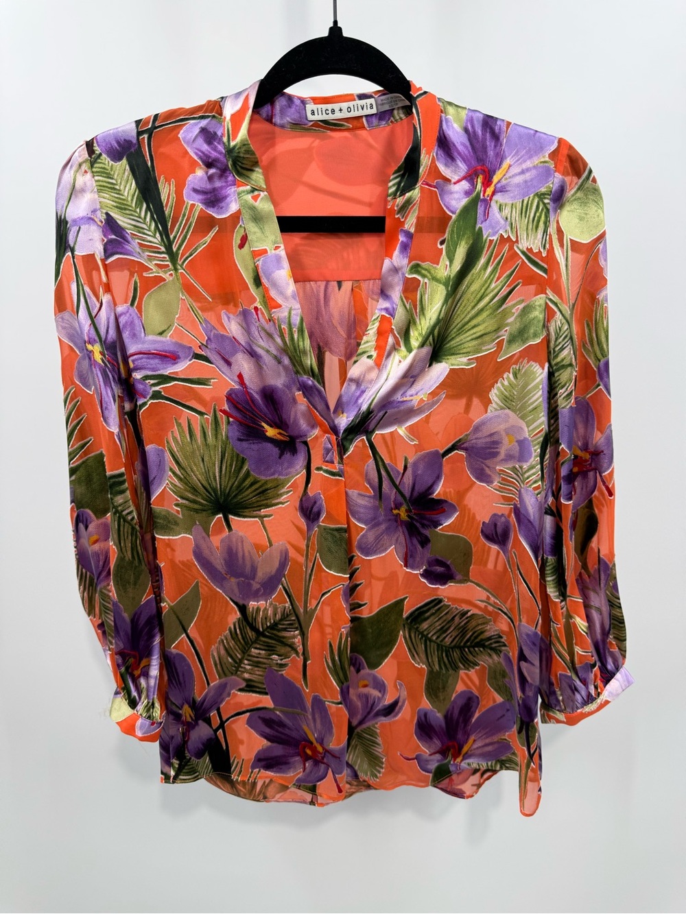 Alice + Olivia Silk Blend V Neck Floral Tropical Blouse Size XS